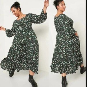 Old Navy Maxi Swing Dress Sz XL Long Sleeve Tiered Green Floral Square Neck